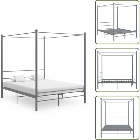 Cadre de lit à baldaquin sans matelas gris métal 160x200 cm - Lit Plateforme - Lit Double - Cadre Lit Metal - Lit Design - Literie (1/5)