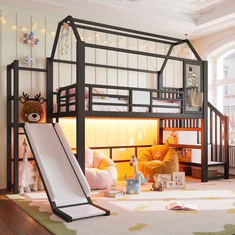 Lit mezzanine enfant 90x200 cm - lit cabane avec toboggan - escalier de rangement - penderie et LED Bluetooth - métal/MDF - noir (1/5)