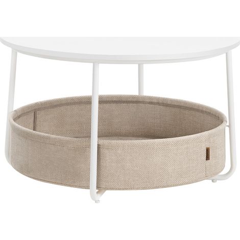 Vasagle – Table basse ronde 75 cm – Rangement avec panier en tissu – Cadre en métal blanc mat et marron camel – Design moderne et robuste (1/5)