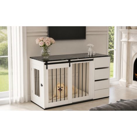 Cuccia per cani 2 in 1 140x60x87 cm, con spazio contenitore, porta scorrevole, MDF e metallo bianco (1/5)