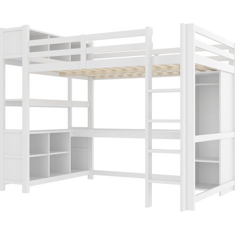 Letto a soppalco 140 x 200 cm bianco con scrivania, scaffali e armadio, senza materasso (1/5)