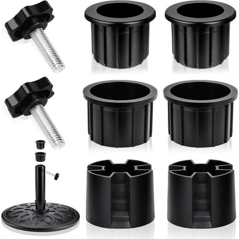 Lot de 8 pièces détachées noires pour pied de parasol : embout, bague, manchon de stabilisation fileté M8. Convient pour terrasse et jardin. (1/5)