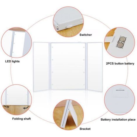 Miroir de maquillage à trois volets à LED, Miroir de aquillage à 360 degrés Lumineux avec Ecran Tactile, Rotation 90 °Réglable Noir (1/4)