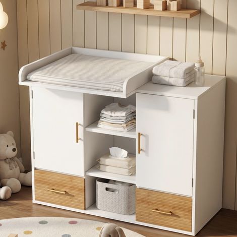 Fasciatoio 114x53x92 cm, contenitore con fasciatoio rimovibile, 2 cassetti, MDF, Natural e bianco (1/5)