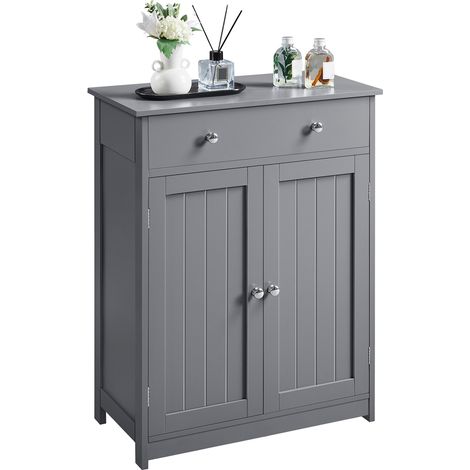 Yaheetech Armadietto da Bagno Autoportante, Mobile da Terra con Ripiano Regolabile 60 x 30 cm × 80 cm, Mobiletto in Legno con 2 Ante e Cassetto, Armadio da Ingresso Portaoggetti Grigio Scuro (1/5)