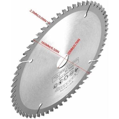 Lame de scie circulaire AIERQ à 60 dents, lame de 165 mm, lame de scie circulaire en carbure d'argent, adaptée à la coupe du cuivre, du fer, de l'aluminium, du plastique et du bois. (1/3)