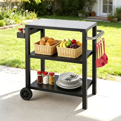 Jiubiaz Carrello barbecue da esterno a 3 livelli, tavolo grill con piano in acciaio inox, carrello multifunzionale su ruote, nero (1/5)