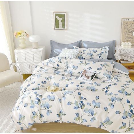 Parure de lit élégante pour 2 personnes, en coton fin, 6 pièces : drap-housse 180x200 cm, housse de couette 200x230 cm, 2 taies d’oreiller 70x70 cm, 2 taies d’oreiller 55x75 cm, imprimé branches et fe (1/5)