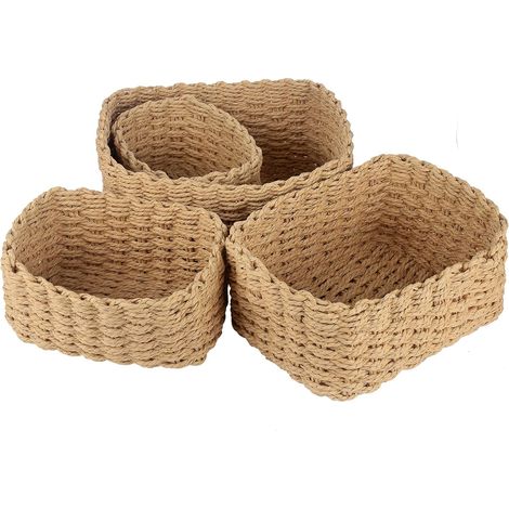 Juego de 4 cestas de almacenamiento de cuerda de papel trenzada, apilables, para baño, cuarto infantil, cambiador.