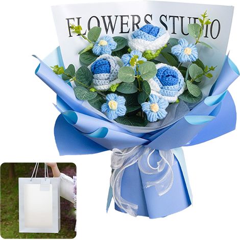 [玫瑰图案编织品] Bouquet d'artisanat 手工编织玫瑰花束（渐变蓝色玫瑰3朵+雏菊5朵+礼品袋） (1/5)
