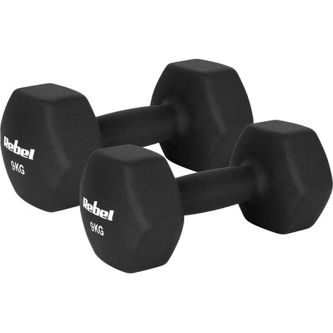Mancuernas hexagonales de neopreno de hierro fundido (2 x 9 kg) para ejercicios de entrenamiento Rebel Fitness. (1/4)