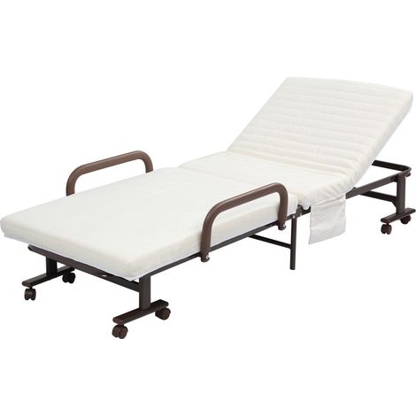 Folding Bed Mattress, Single Guest Bed, Portable Fold Bed Adjustable Backrest, Metal Frame on Wheels, White, 190 x 76 cm (1/5)