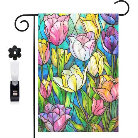 Drapeau de jardin fond bleu et composition de tulipes 30 x 45 cm décoration terrasse et extérieur (1/5)