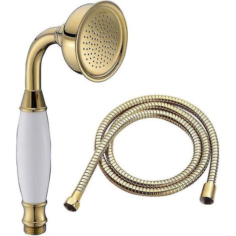 Klassische Handbrause aus Messing mit 1,5 m langem Brauseschlauch, silber-goldene Farbe. (1/5)