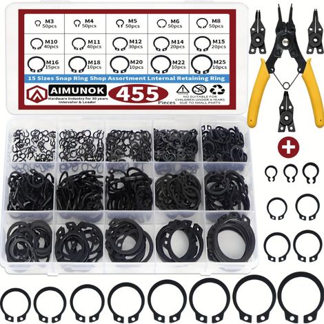Ensemble de 455 circlips (y compris une pince à circlips), adapté à la réparation des circlips internes et externes. (1/5)