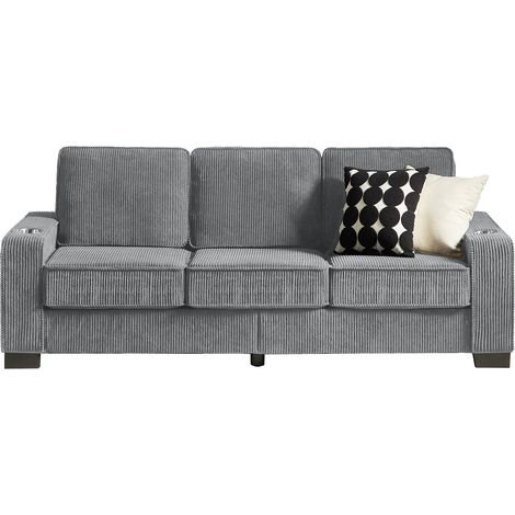 Sofá de 3 plazas gris de tela tipo pana HOMVRA 206 cm con portavasos (1/5)