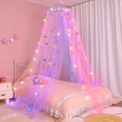 Ciel de lit avec éclairage LED et décorations, Moustiquaire, Rideau anti-moustiques, Moustiquaire pour lit de 150 à 180 cm de large, Multicolore.