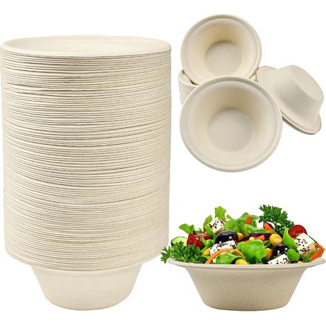 Lot de 100 Bol Jetable 340 ml Bols en Bagasse de Canne à Sucre Jetables Vaisselle Jetable Bol Jetable Bols en Papier Compostables Bols à Soupe Biodégradables pour les Aliments Chauds et Froids (1/5)