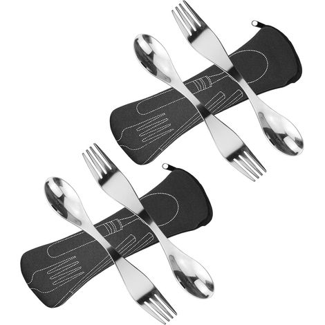 Sporks s en Acier Inoxydable, 4pcs Couverts Portables Cuillère Fourchette Couverts de Camping Sac Pour Pique-nique en Plein air de Voyage (Noir) (1/5)