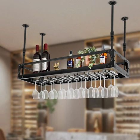 Weinregal, das von der Decke hängtSchwarzes schwebendes EisenregalMaximale Belastung 50 kgHöhenverstellbar 35-55 cmVintage-Industriedesign