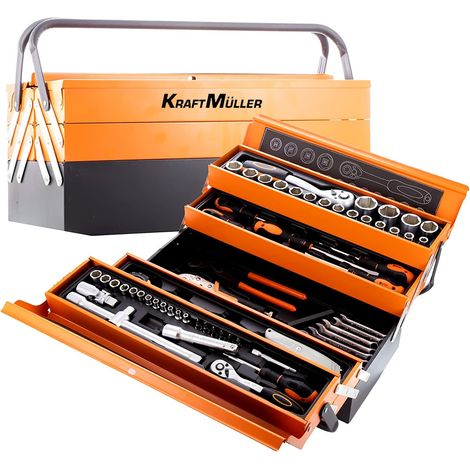 Caisse à outil Kraft Müller KM-85PCS Orange, en métal ultra résistante 85 outils, Top Qualité Chrome Vanadium, Tournevis, Pince