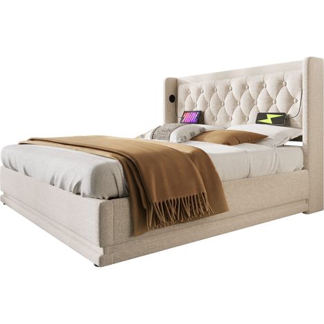 Lit double 180x200 cm beige en coton, lit coffre hydraulique avec tête de lit capitonnée, USB Type-C et LED 3 côtés, rangement sous le sommier, sans matelas pour chambre adulte- FLORAGRACE (1/5)