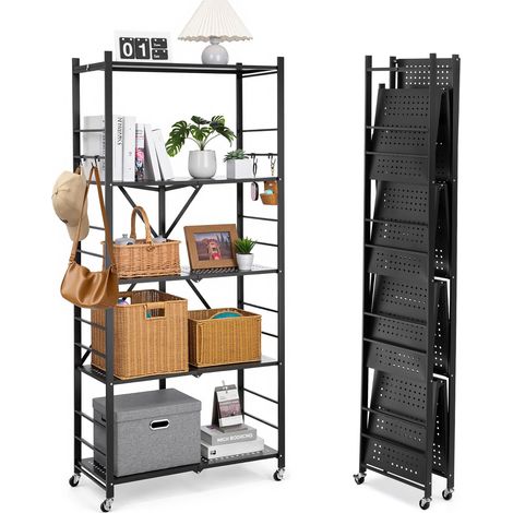 Étagère Pliante Mobile, 5 Niveaux, Étagère Pliante à roulettes, 81x36x183 cm, Métal Robuste, Charge Statique 340 kg Dynamique 90,7 kg, Meuble de Rangement pour Garage, Cuisine, sous-Sol, Noir (1/5)