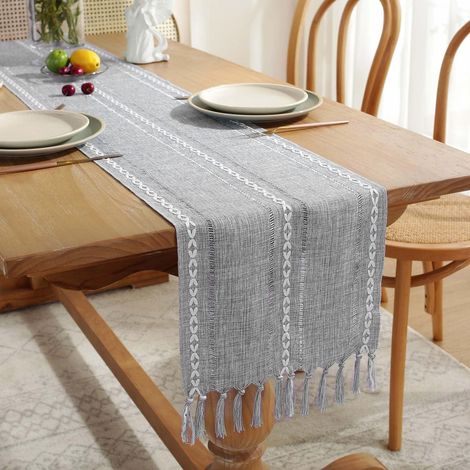 Chemise De Table - Linen Polyester 13 Pouces X 72 Pouces - Style Rustique Avec Franges Et Pompons - Pour Table À Manger Cuisine Buffet - 1 Pièce (1/5)