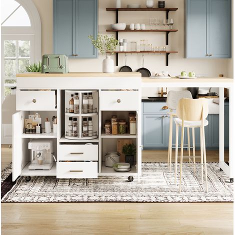 Carrello bar estensibile 110-180/40/91 cm bianco con ruote, ripiani regolabili e 4 cassetti (1/5)