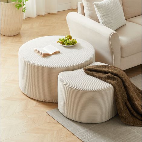 Tavolino rotondo set 2 pezzi in tessuto beige, pouf/tavolino multiuso, salvaspazio,81x81x40 cm (1/5)
