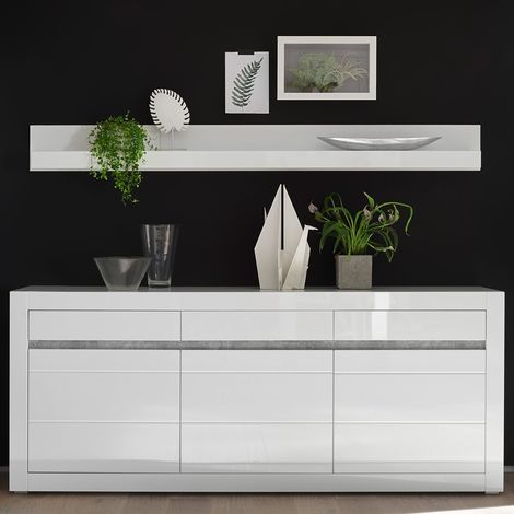 Sideboard und Wandboard Set in Hochglanz weiß COGO-61 mit Griffmulden in Betonoptik BxHxT: 217x165x42cm (1/5)