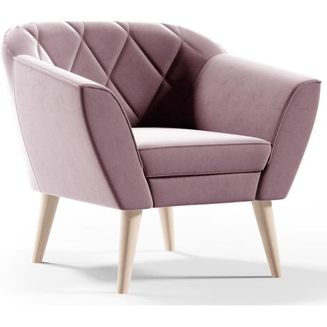 Sofello Sessel aus Velour Samt rosa KARO Relaxsessel Fernsehsessel im Skandinavischen Stil Polstersessel auf hohen Holzbeinen hohe FüSSe moderne Steppung (1/5)