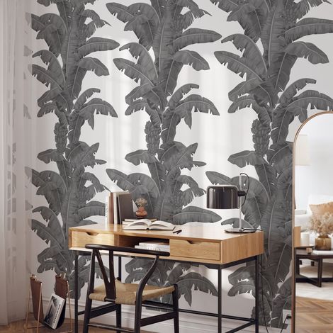 Tapete Urban Jungle Pflanzen Weiß und Grau Exotische Palmen
