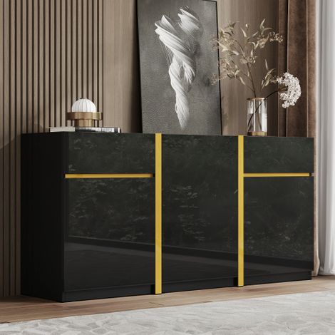 Buffet laqué brillant 160x40x78 cm - Meuble de rangement moderne - 3 portes et 2 tiroirs - MDF - Noir