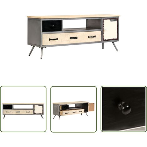 The Living Store Meuble TV Bois de manguier massif et acier 120x30x45 cm - Meubles Tv - Meuble Television - Meuble Industriel - Meuble Design - Rangement Media (1/5)