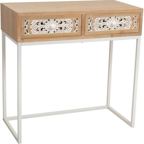 Console d'entrée contemporaine bois et métal blanc deux tiroirs - Bois naturel sculpté et blanc épuré (1/5)
