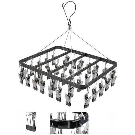 Noir Étendoir à Linge en métal avec 36 Clips, Crochet Coupe Vent, Pince à Linge Pliable pour Chaussettes, Soutien Gorge, sous vêtements (1/5)