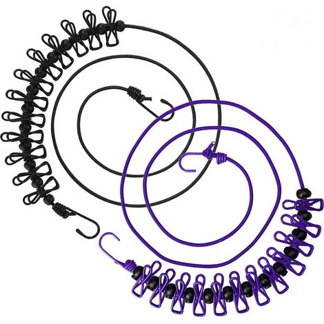2 pièces Corde à Linge Flexible, Wanxida Portable Étendoir à Linge avec 13 Boucles de Positionnement Noires pour Camping Randonnée Voyages de Plage et l'utilisation à Domicile Séchage (Noir Pourpre) (1/4)