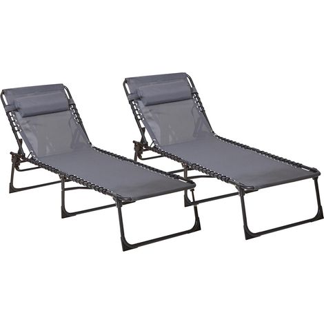 Neo Grey Pair of Outdoor Portable Lightweight Sun Lounger Sunbed Folding Camping Reclining Lounge Chair Garden Beach Patio