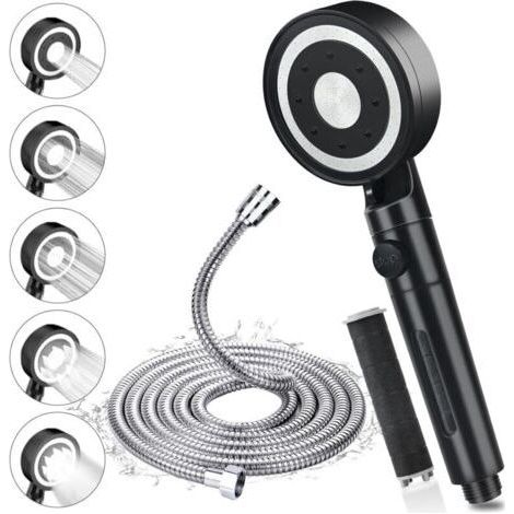 5 Modes Black High Pressure Shower Head, Shower Head with 1.5m Hose in 304 Stainless Steel, Anti-Limescale Water Saving Shower Head, Filtering Shower Head with Jet, Chrome (1/5)