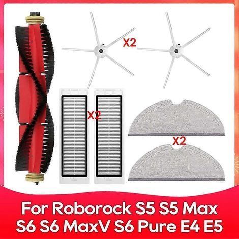 Kit accessoires aspirateur robot Roborock S5 S5 Max S6 MaxV S6 Pure E4 E5 - 1 brosse rotative, 2 brosses latérales, 2 filtres HEPA, 2 chiffons (1/5)