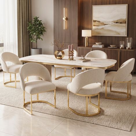 Juego de 6 sillas de comedor, estilo moderno, tapizado bouclé beige, patas metálicas doradas (1/5)