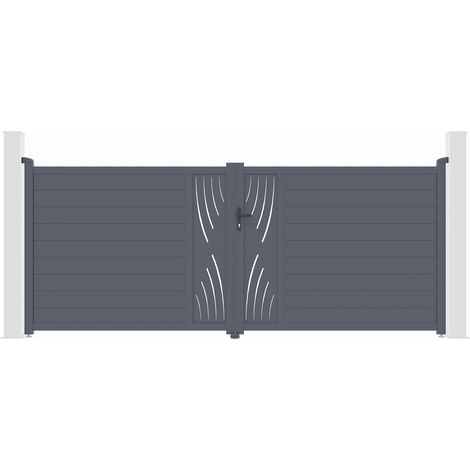 Casanoov – Portail aluminium battant VELETA 392x161cm – Motif 'Nature' gris anthracite – Lames renforcées pour motorisation – Montage facile (1/4)