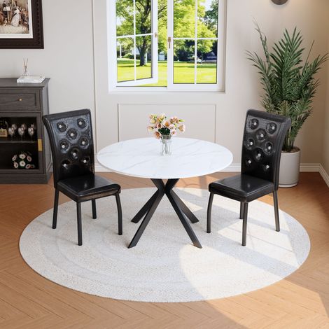 DESMIU Table de salle à manger ronde avec 2 chaises, structure en X, pour cuisine et salle à manger, blanc, noir (1/5)