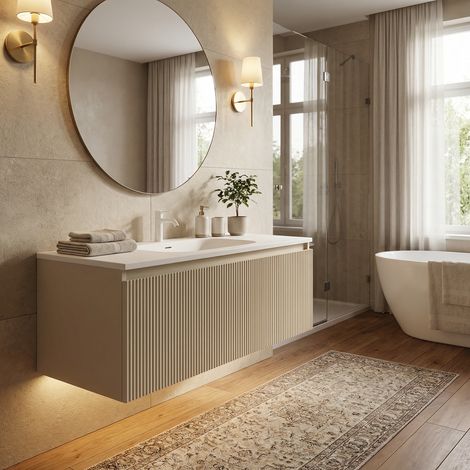 Naturel – Meuble de salle de bain 80x35x52 cm – AUSTEN80BG – Vasque à poser en marbre coulé beige mat – Installation murale