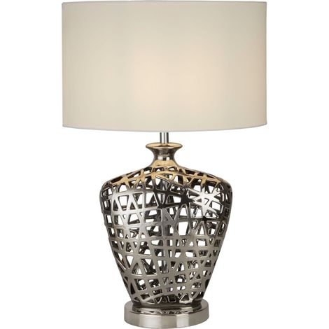 Tischlampe Stoff Keramik E27 Ø 36 cm 57 cm Chrom Weiß rund Modern Keramikleuchte