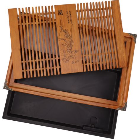 Plateau à thé Kungfu chinois avec système de drainage et réserve d'eau, en bois, avec tuyau d'évacuation et orchidée jaune.