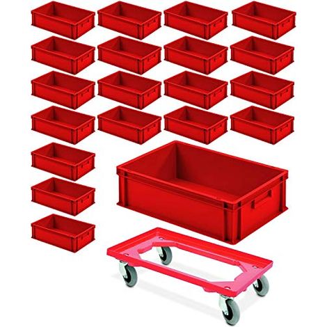 BRB 20x Eurobehälter mit 2 Griffleisten, 600x400x175 mm, rot PLUS Transportroller mit Flüsterrollen