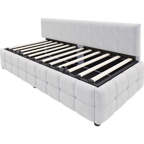 Lit rembourré canapé-lit 90 x 200 cm, avec rangement hydraulique, dossier sans accoudoirs, avec motif à carreaux classique marqué sur le bord inférieur. Lit simple multifonction, tissu velours gris cl (1/5)