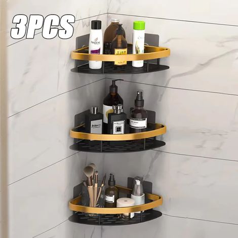 Étagères de salle de bain (triangle, lot de 3) murales, sans perçage, en aluminium, pour coin douche, rangement, étagère flottante, organisateur de cuisine. (1/5)